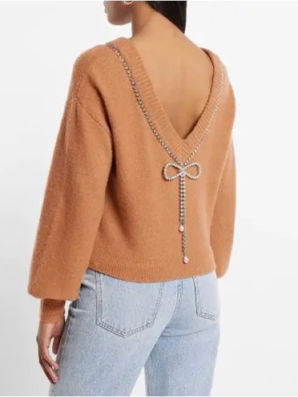 Express Camel V-Back Sweater with Rhinestone Bow | Medium NWT